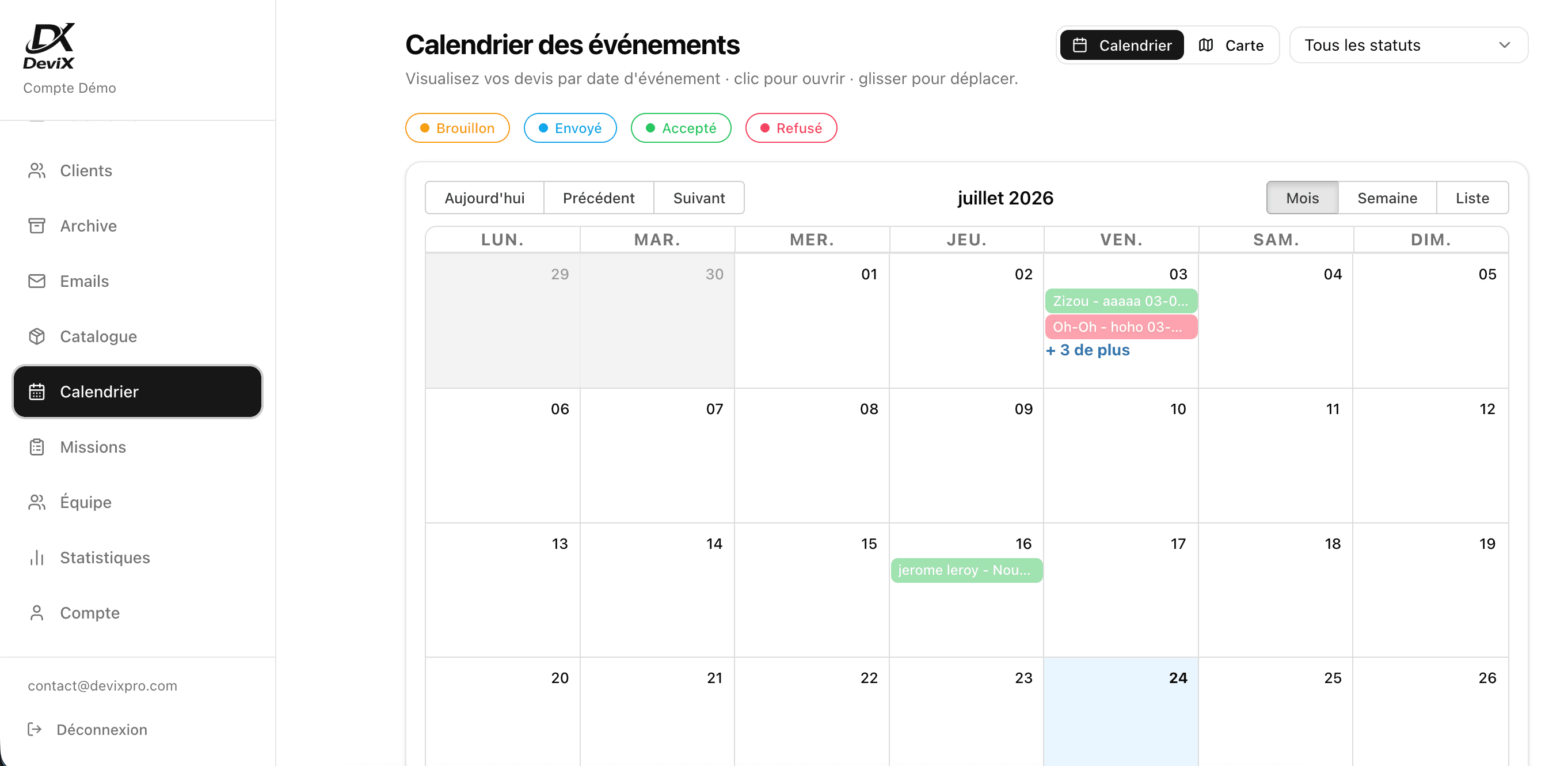 Calendrier des événements DeviX