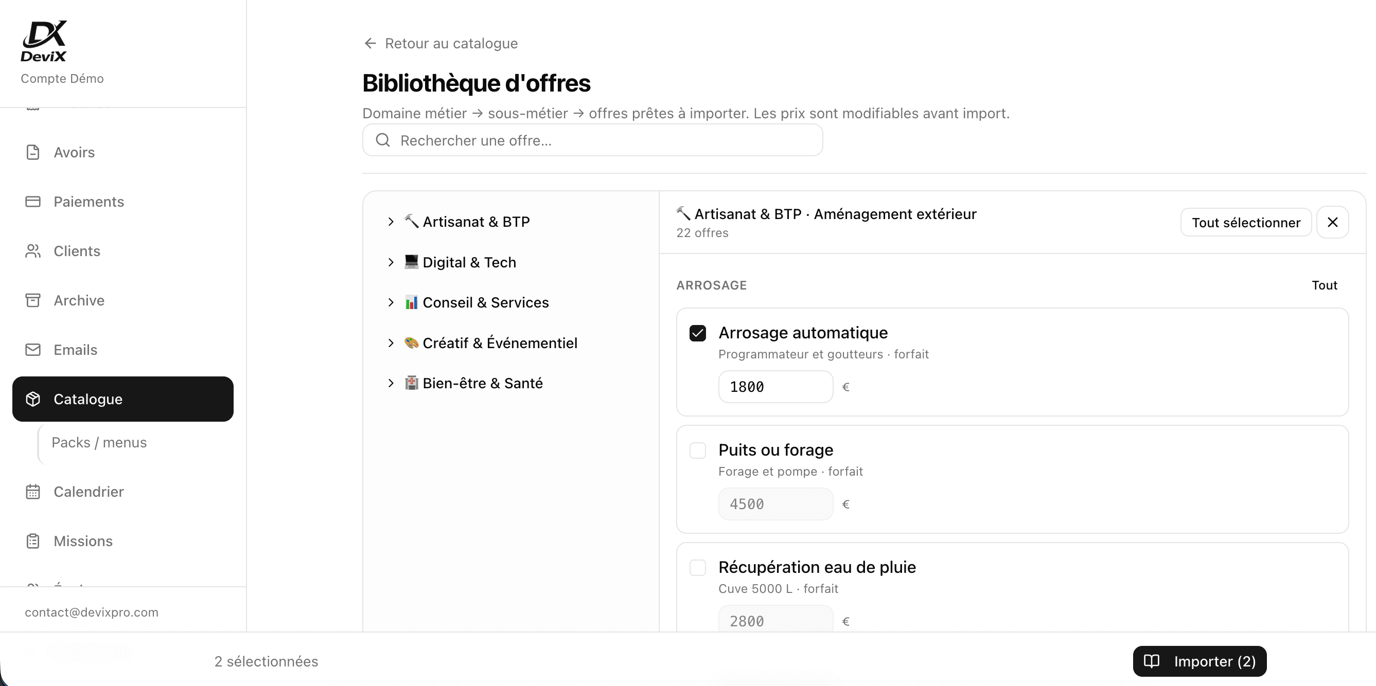 Catalogue d'offres DeviX