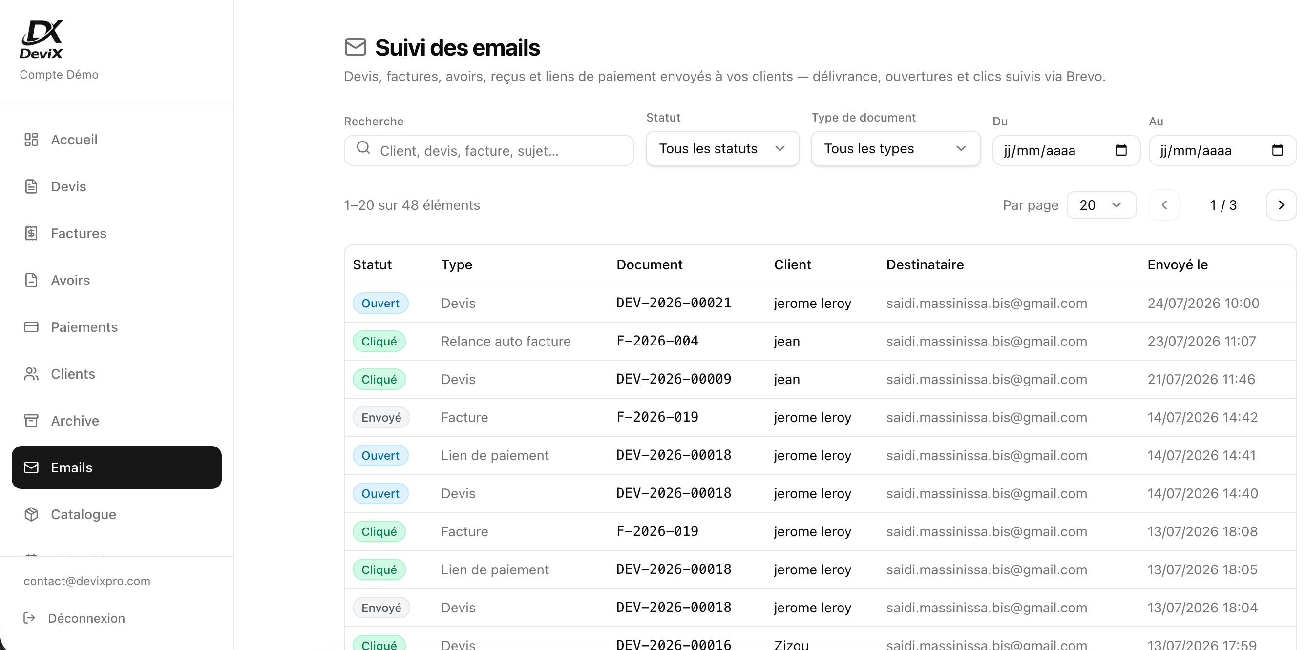 Suivi des emails clients DeviX