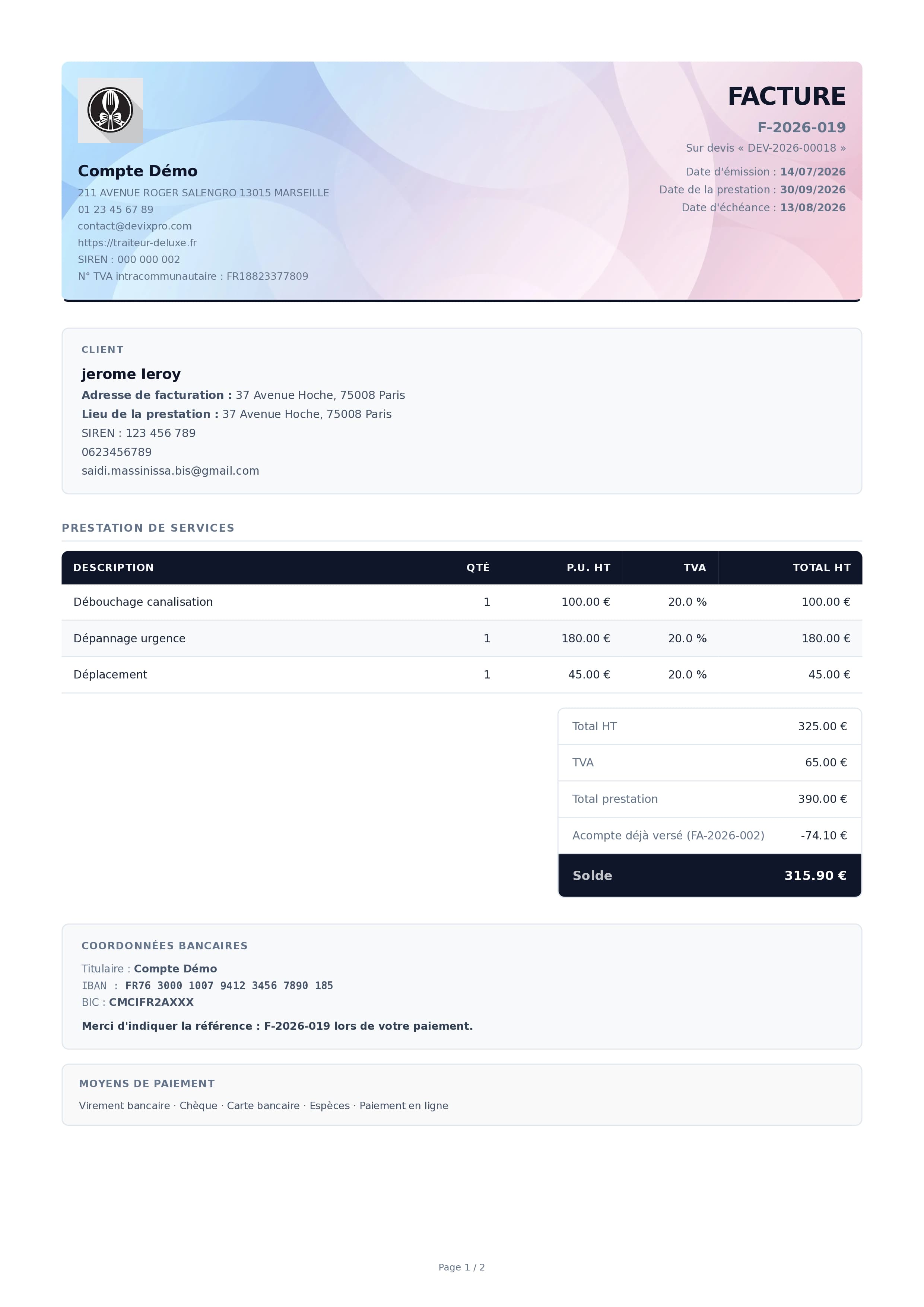 PDF de facture DeviX