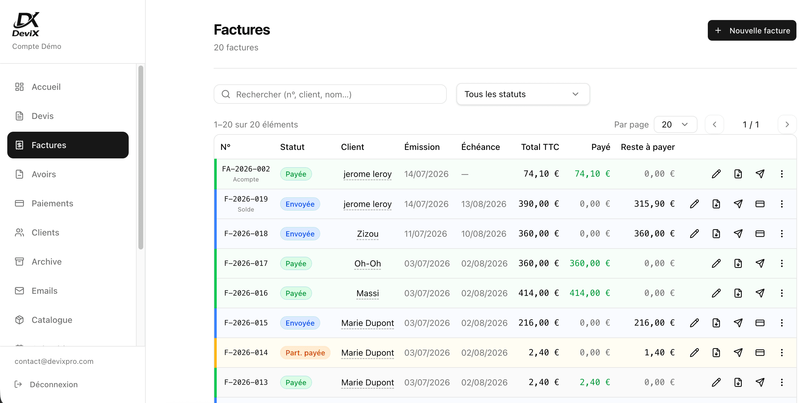 Interface DeviX — liste des factures