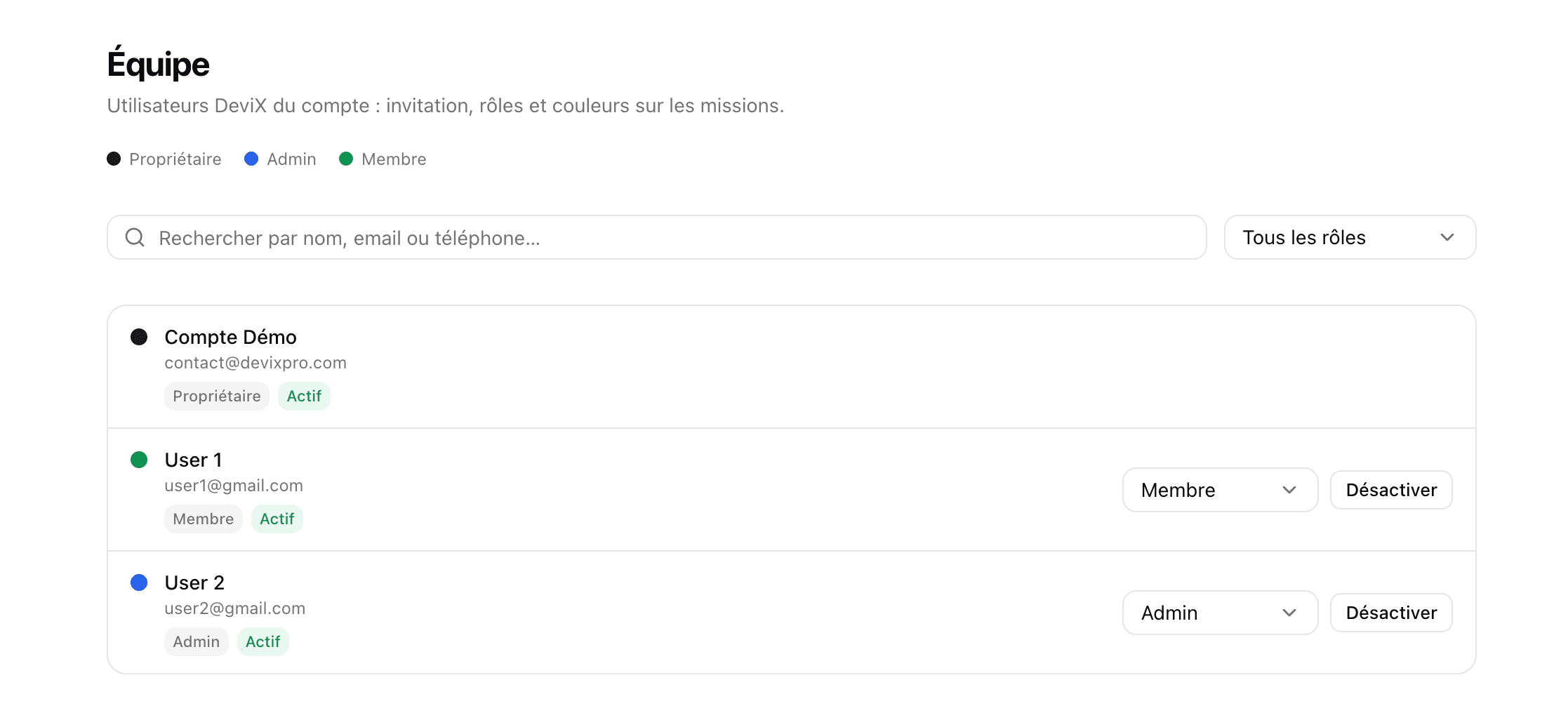 Interface DeviX — gestion de l'équipe multi-utilisateurs