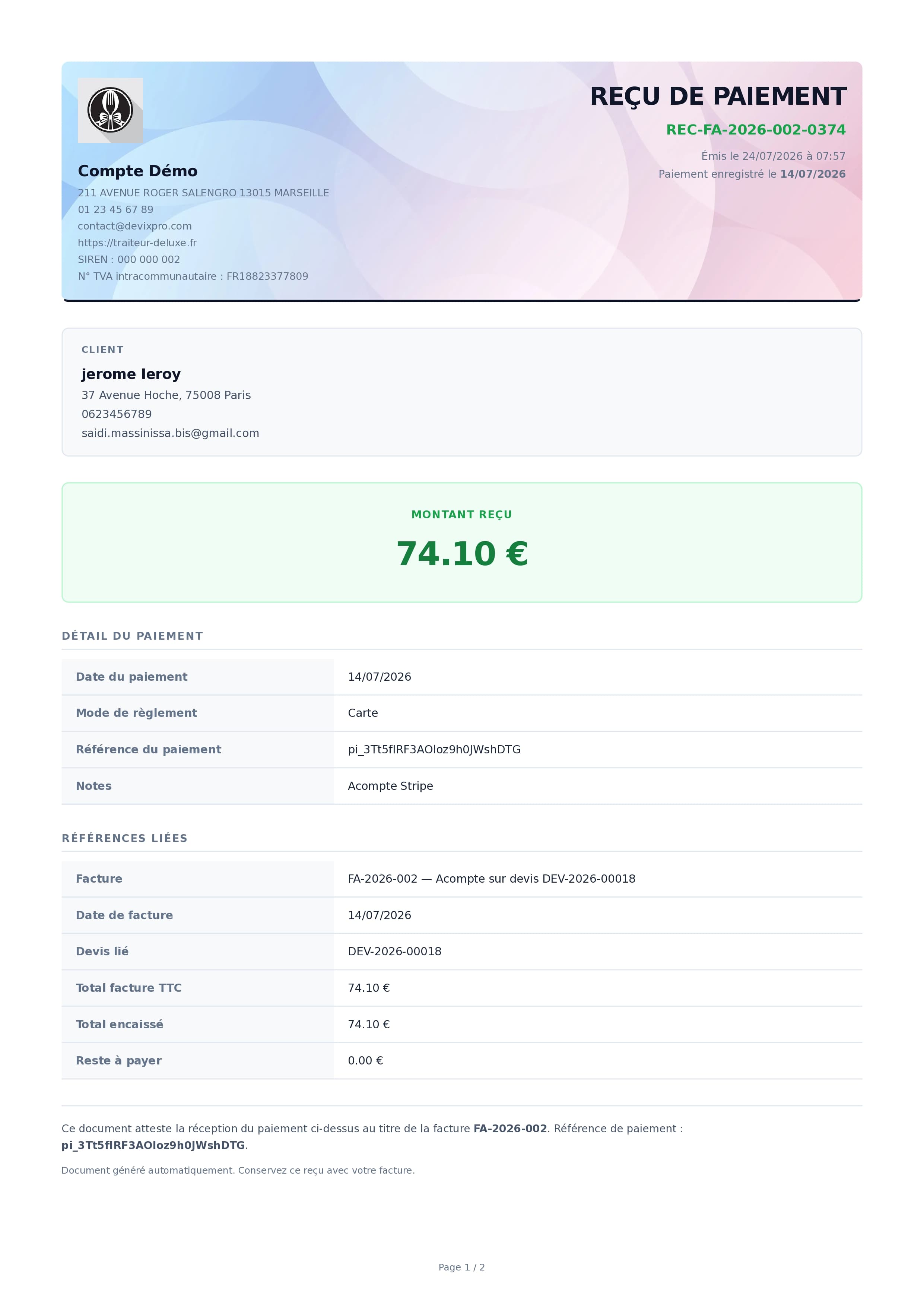 PDF de reçu de paiement DeviX