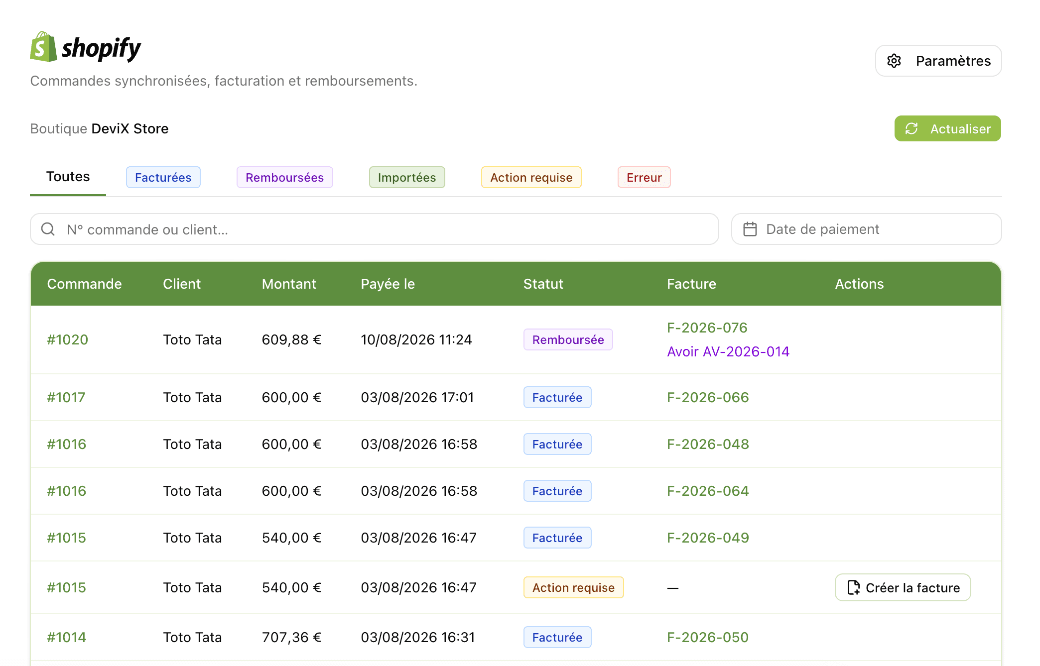 Interface DeviX — commandes Shopify synchronisées et facturation