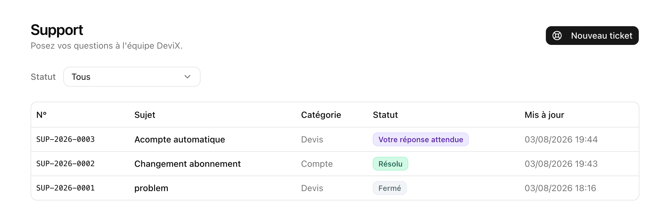 Interface DeviX — liste des tickets support