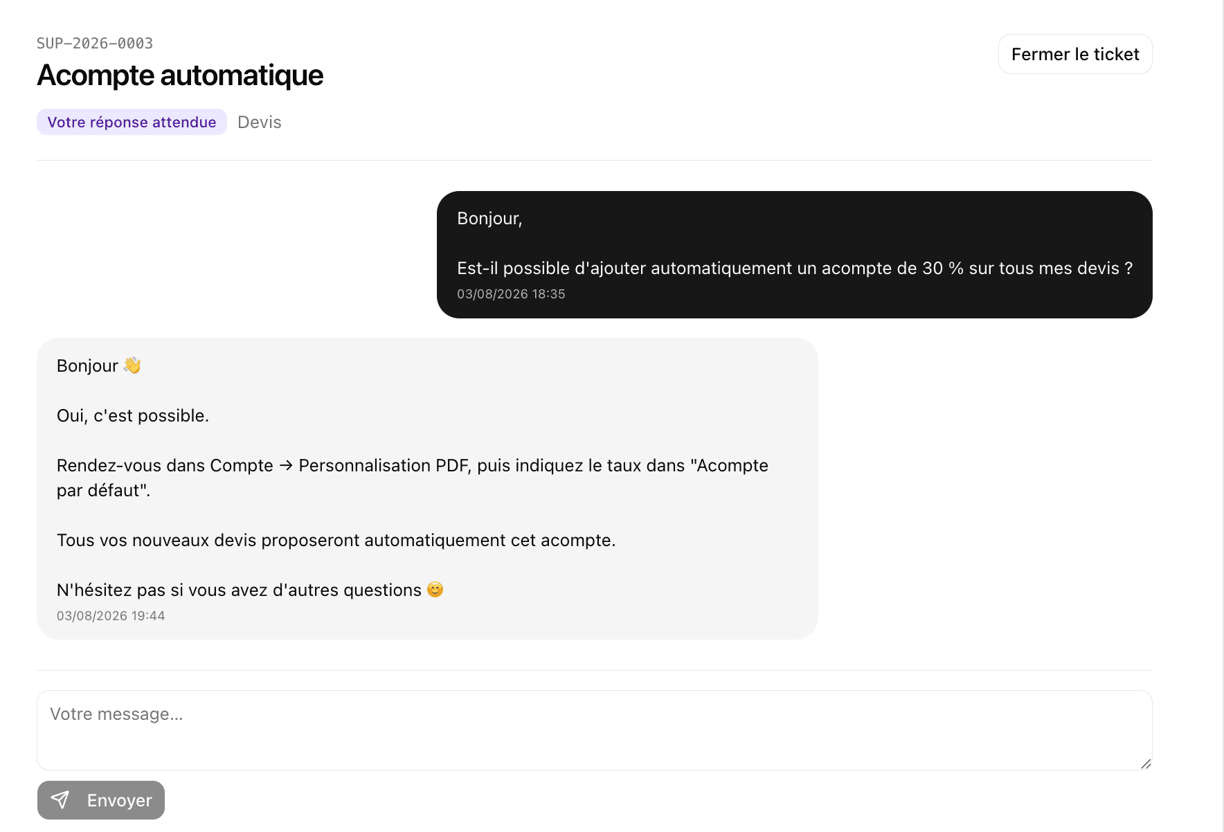 Conversation support DeviX — détail d'un ticket