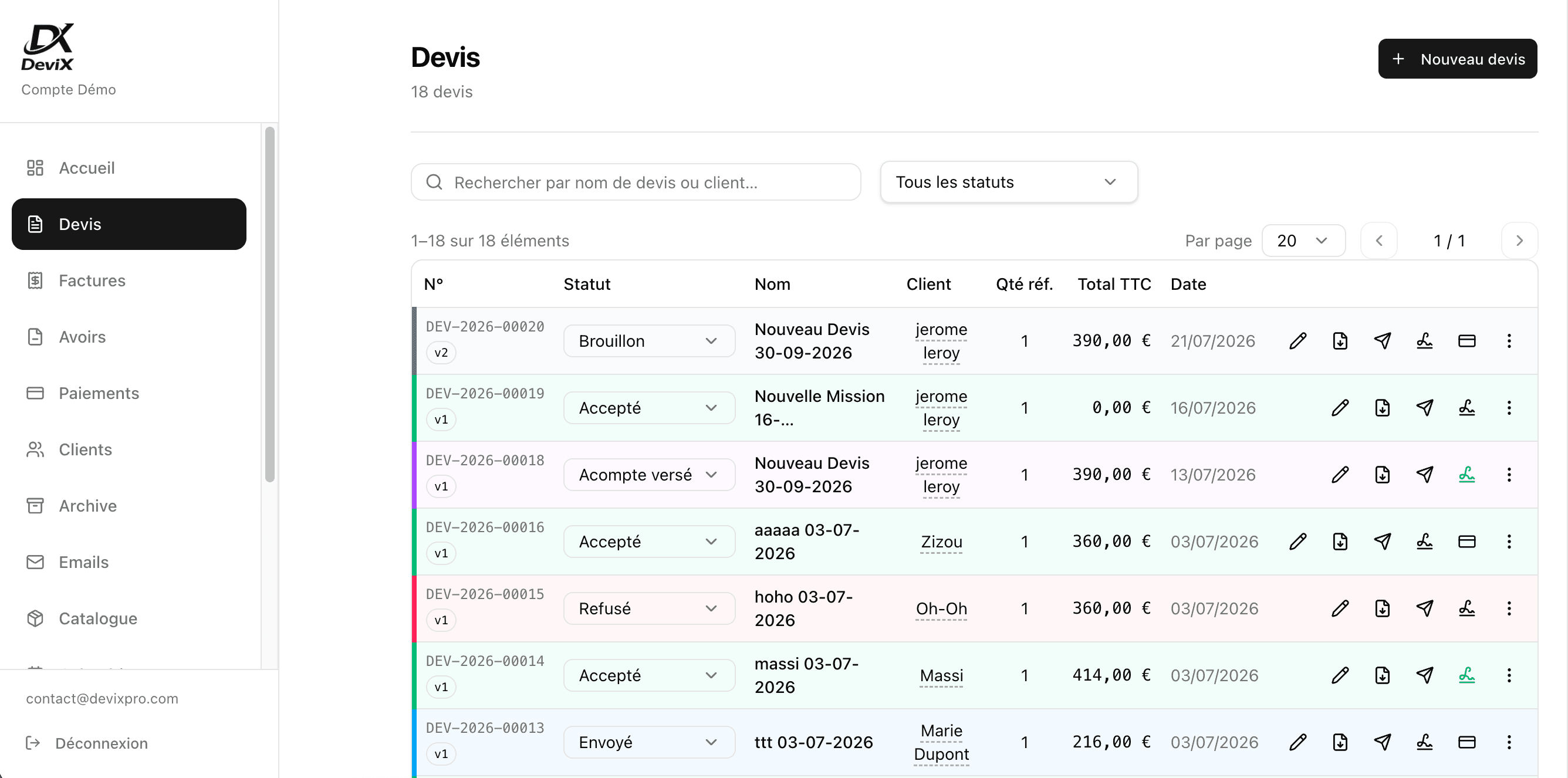Interface DeviX — liste des devis