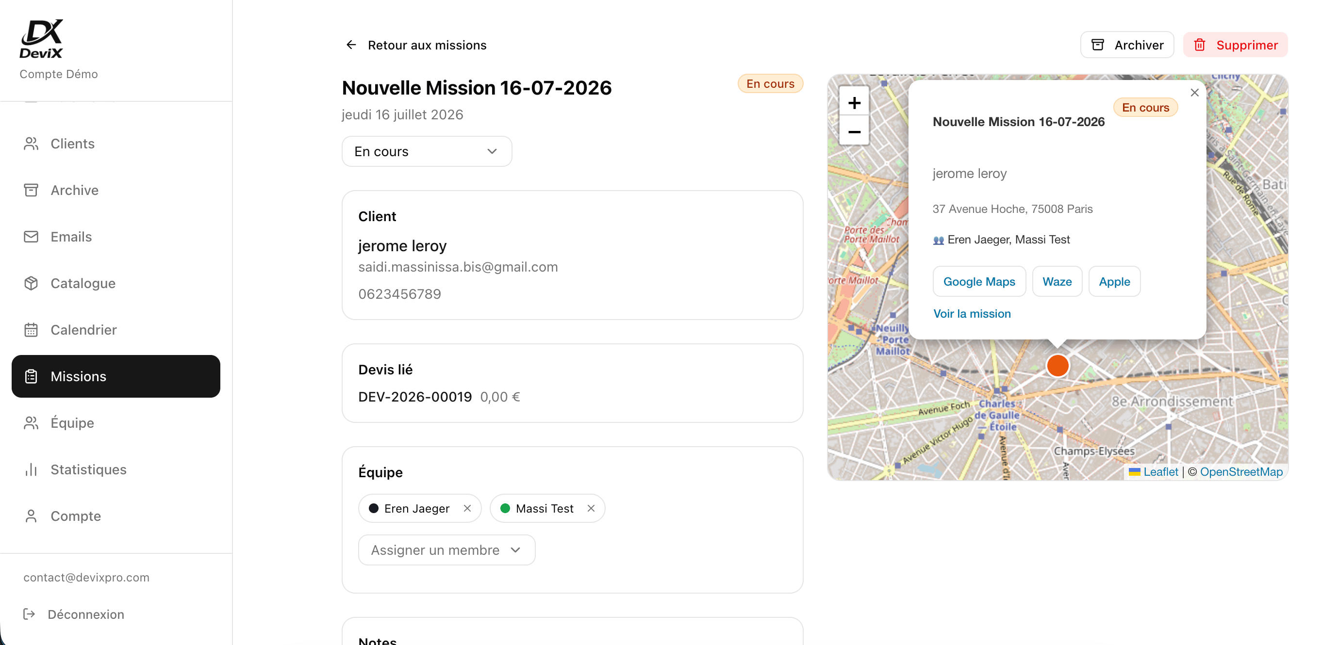 Détail d'une mission DeviX avec carte