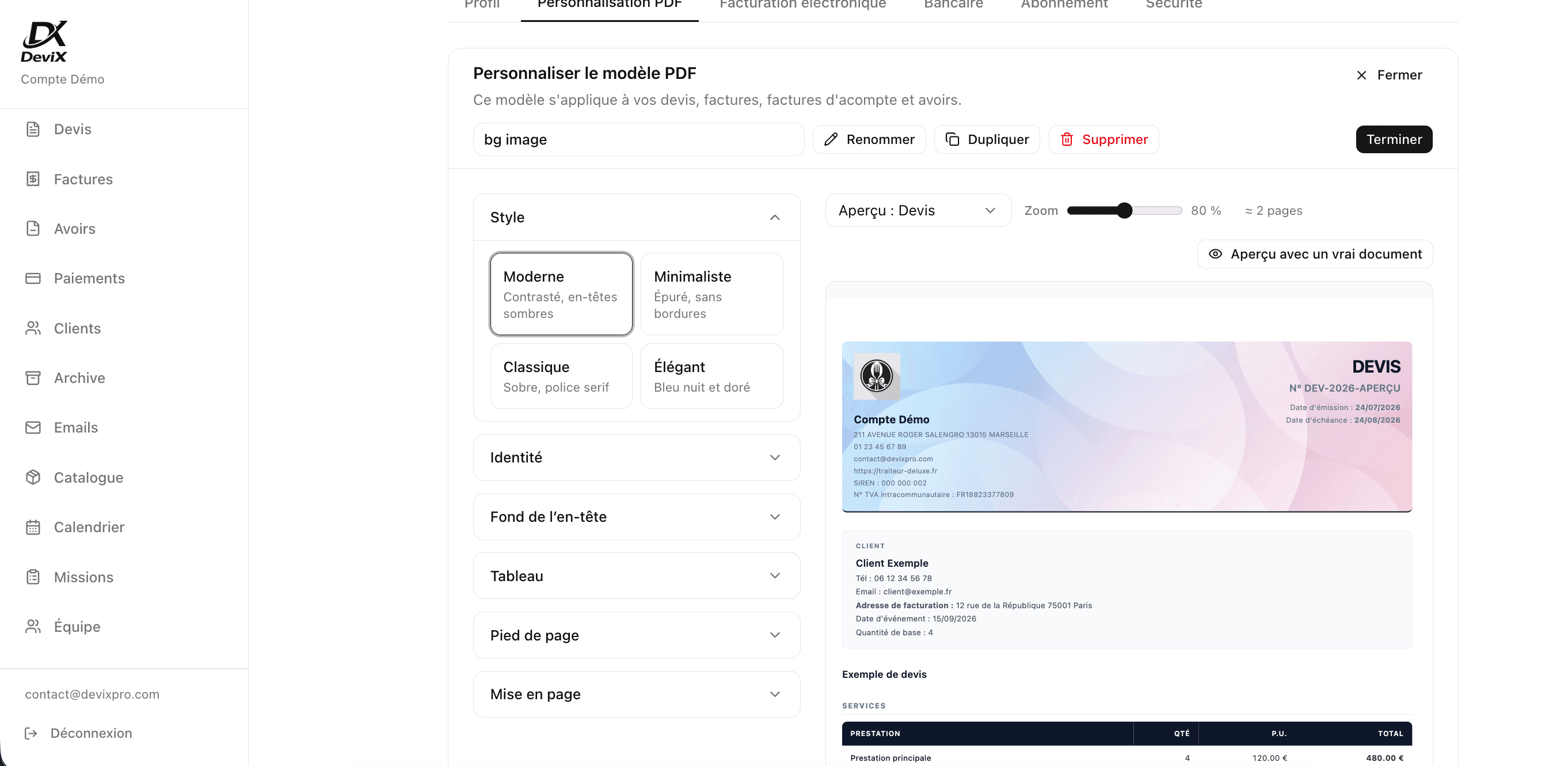 Éditeur de modèles PDF personnalisés DeviX